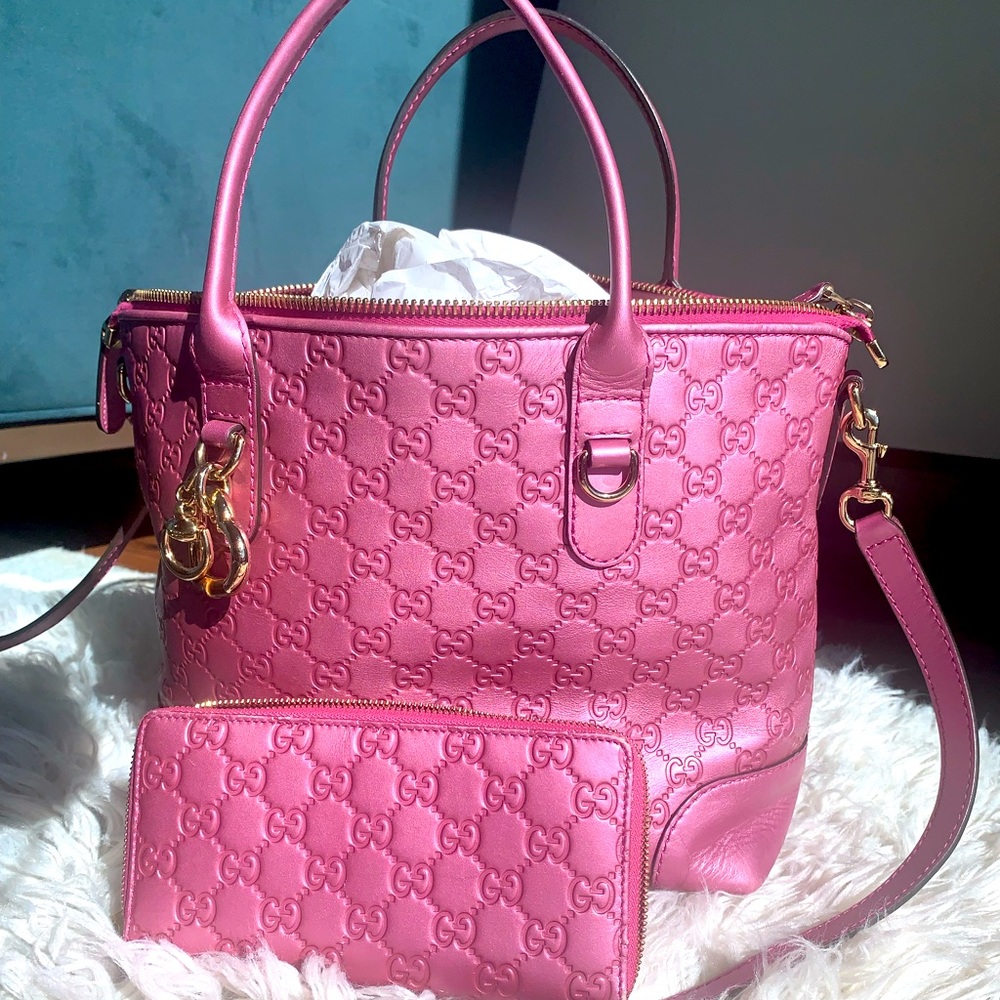 Gucci Metallic Pink Guccisima Heart Leather Crossbody Tote + wallet